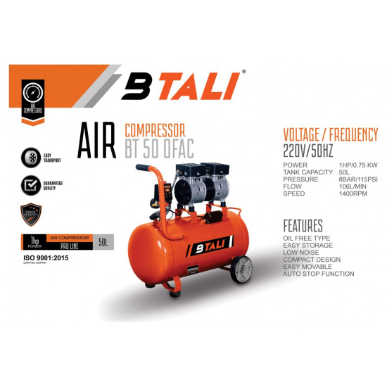 BTALI Oil Free & Silent Air Compressor  BT 50 OFAC 50 Liter Tank Capacity 1 H. P/0.75Kw